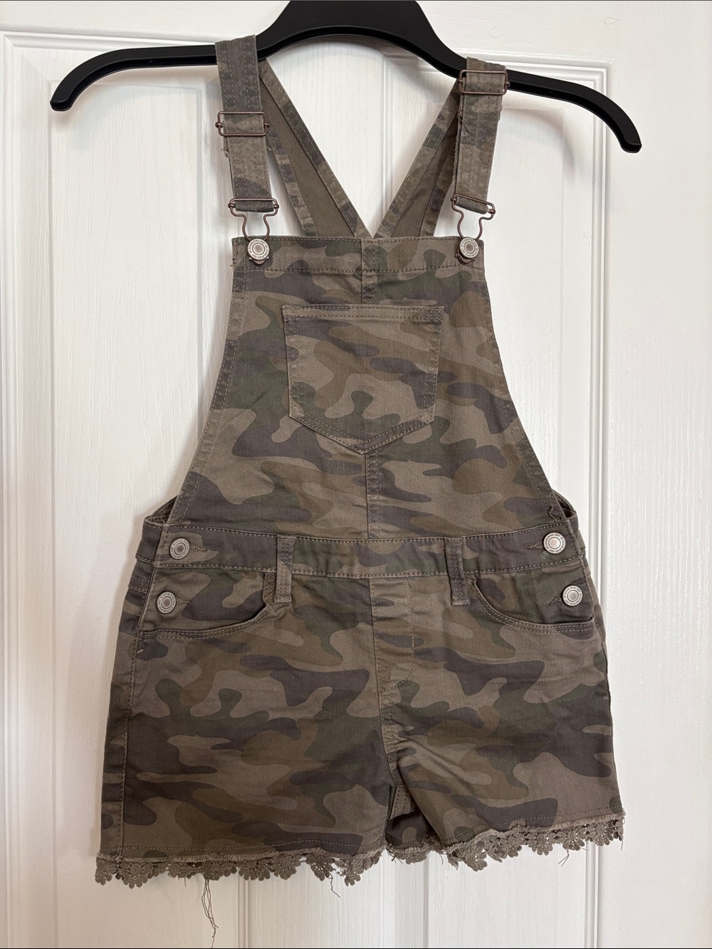 SO Girls' Camo Short Overalls in Olive Green